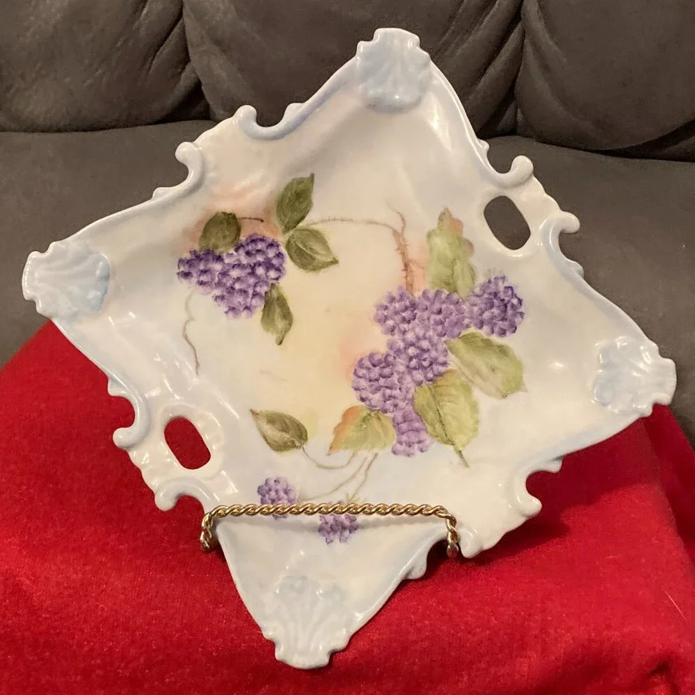 VTG 1977 Handpainted Square China Plate w/Handles-Signed-Purple Florals-8